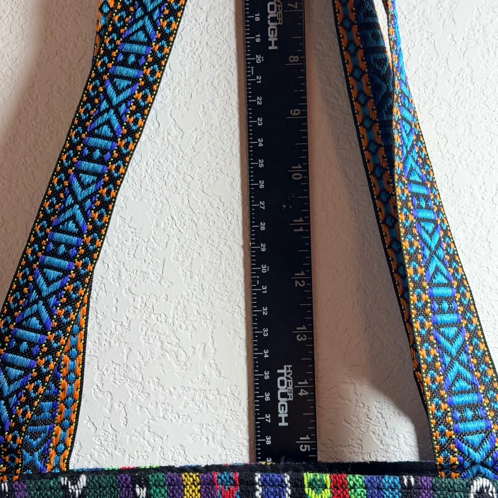 Boho Embroidered Woven Tote Bag Multi-Color‎ Striped Fringe Wooden Beads Artisan